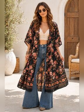 BOHO Floral KIMONO Oversized Open Front COVER Longline Duster Women's Size XXL